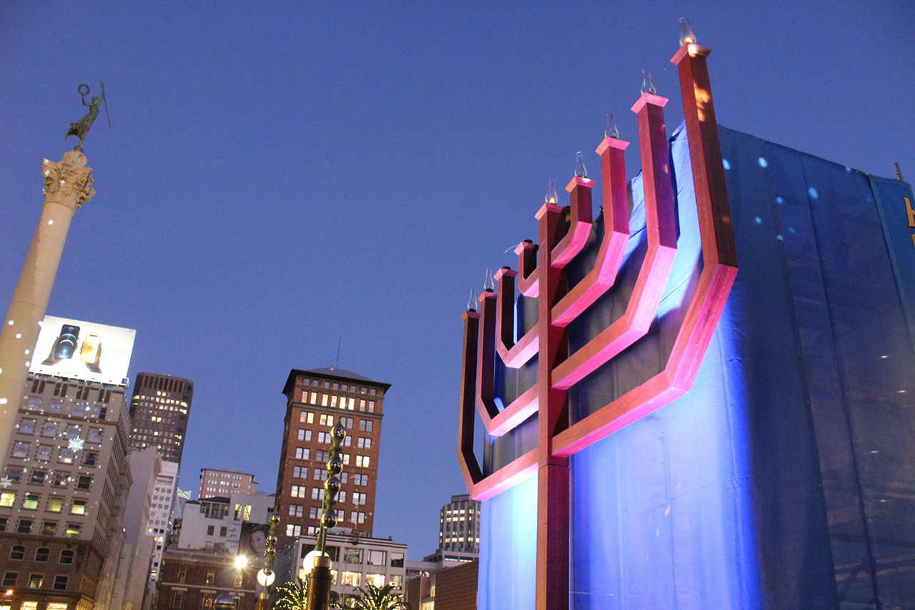 The giant menorah in Union Square in San Francisco on the first night of Hanukkah, Dec. 10, 2020. (Photo/Gabriel Greschler)