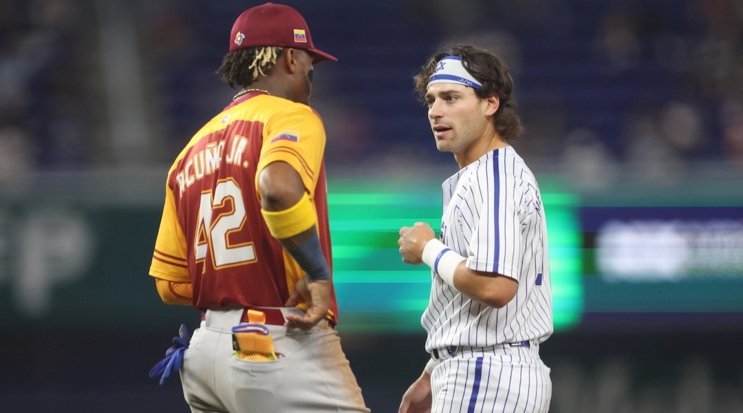 Team Israel player Noah Mendlinger with Venezeula star Ronald Acuña Jr. (Photo/JTA-MLB Photos)