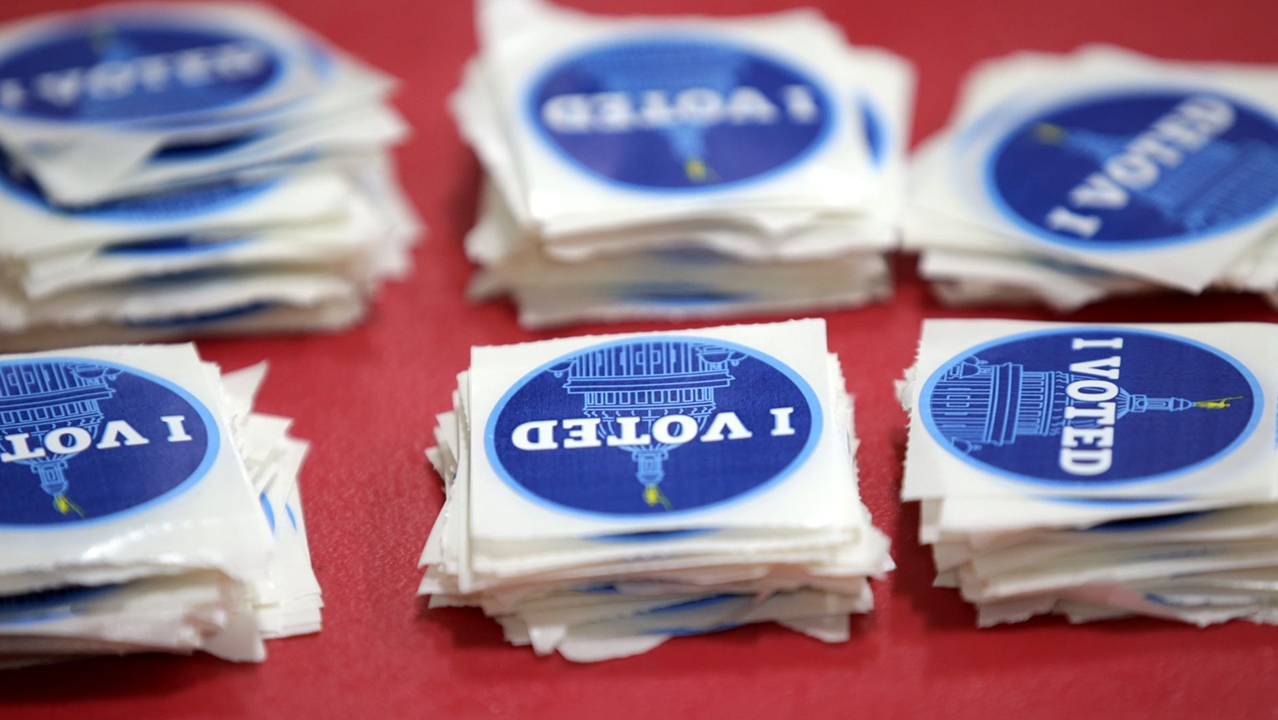 "I voted" stickers at the Hope Highlands Middle School polling site in Cranston, Rhode Island, Nov. 3, 2020. (Photo/JTA-Jonathan Wiggs-The Boston Globe via Getty Images)