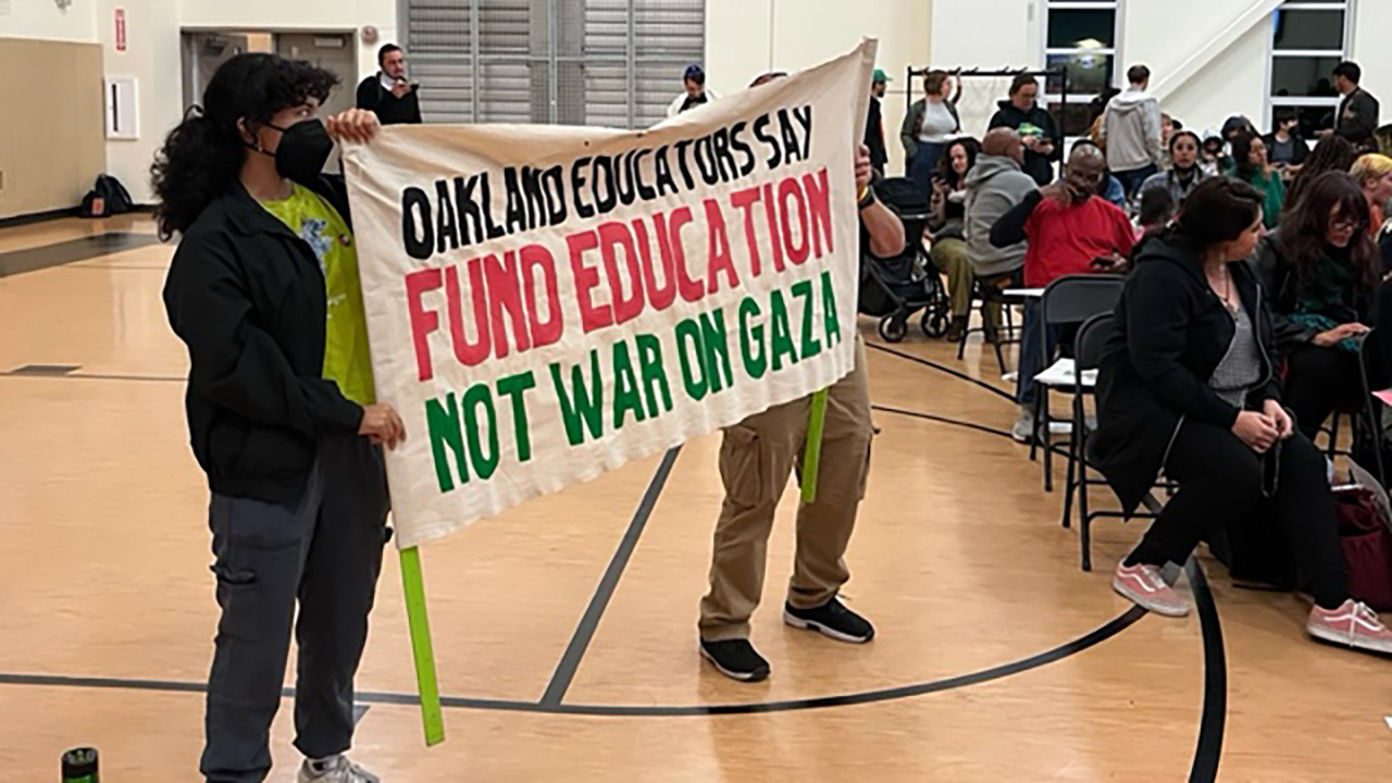 Pro-Palestinian teachers in Oakland organized themselves early in the ongoing war. Here, a banner reads "Oakland Educators Say Fund Education, Not War on Gaza" at an Oakland Unified School District meeting on Nov. 9, 2023. (Photo/Courtesy anonymous)